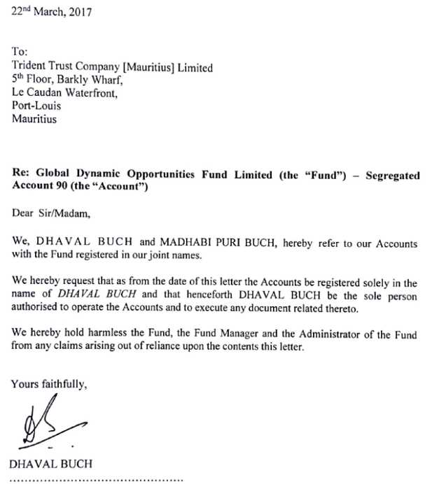 Letter by Dhaval Buch requested to be the sole person authorised to operate the Accounts