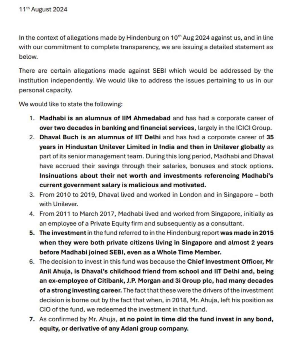 Madhabi Puri Buch and Dhaval Buch detailed statement on Hindenburg Research report